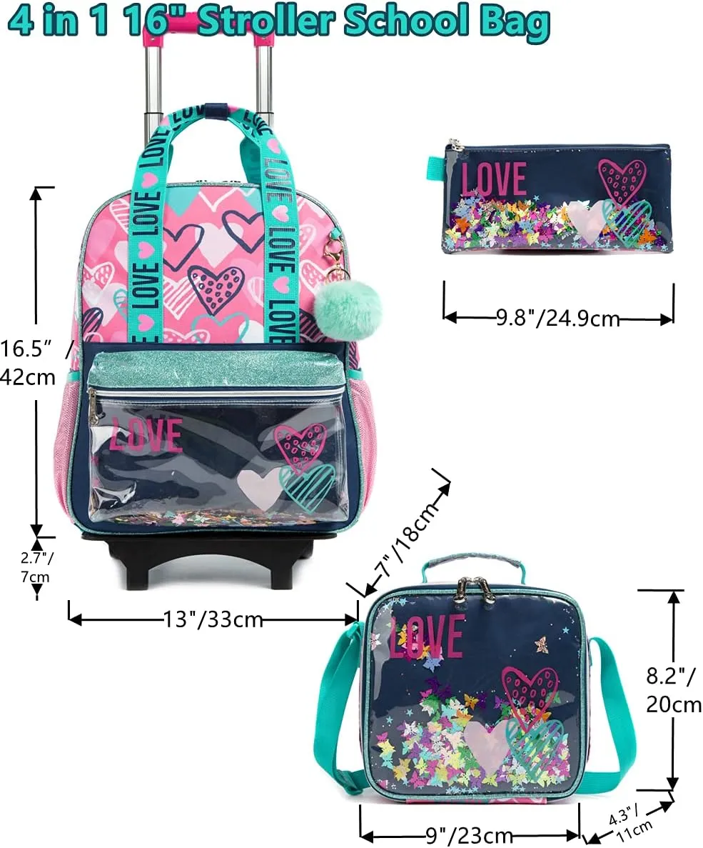 Egchescebo Girls Rolling Backpacks Kids Backpack with Wheels for School Bags Luggage 3PCS Canvas Love Backpack With Lunch Box Pencil Case Wheels Trolley Wheeled Backpacks for Girls Travel Bags Pink