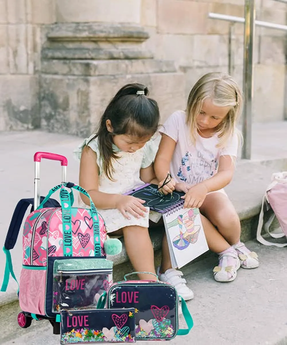 Egchescebo Girls Rolling Backpacks Kids Backpack with Wheels for School Bags Luggage 3PCS Canvas Love Backpack With Lunch Box Pencil Case Wheels Trolley Wheeled Backpacks for Girls Travel Bags Pink
