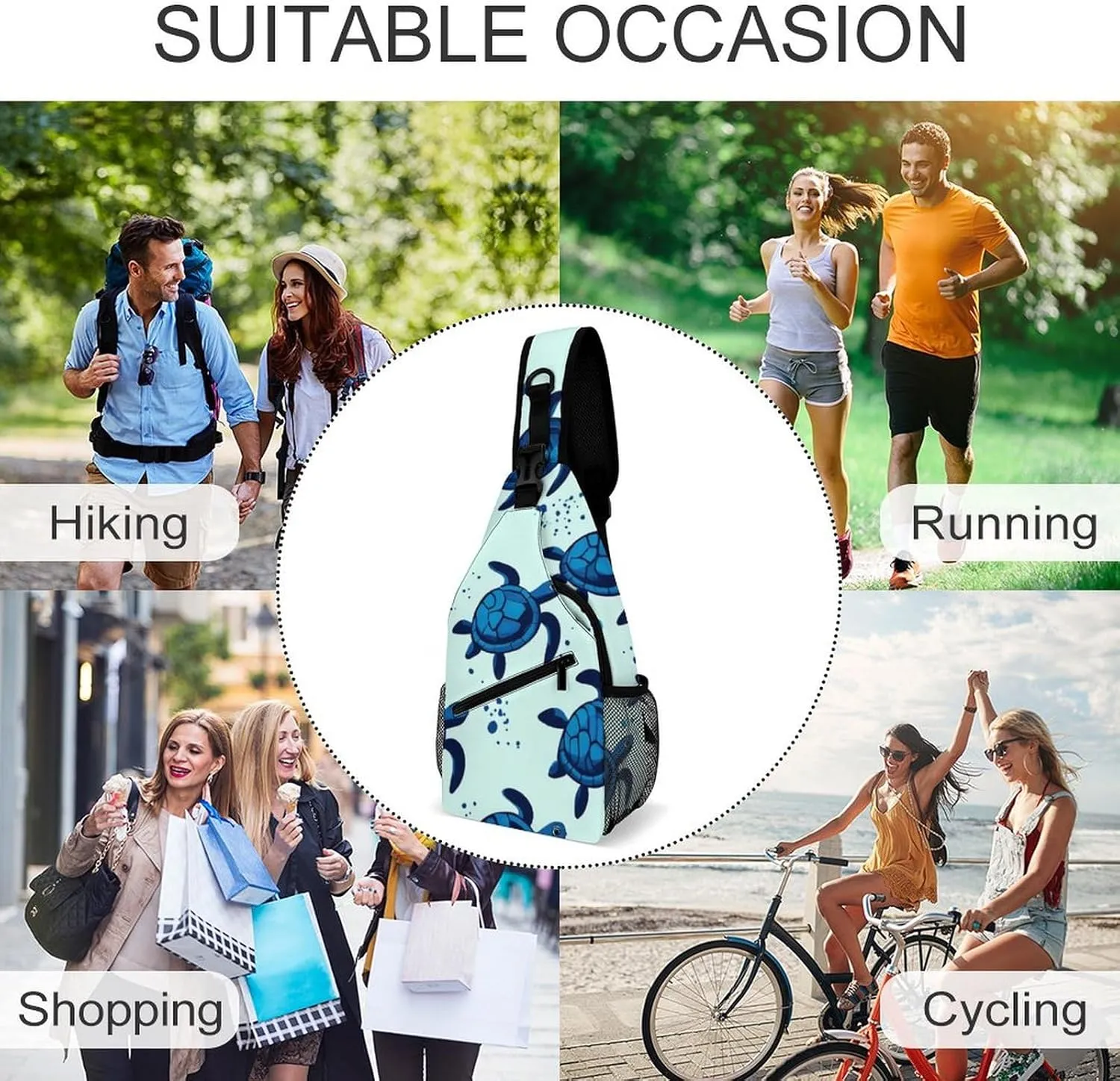 Elegant Crossbody Backpack, Ocean Animal Turquoise Blue Sea Turtles Travel Hiking Chest Bag Adjustable Sling Pack for Purses Shoulder Bag for Women Men's Travel,Sports