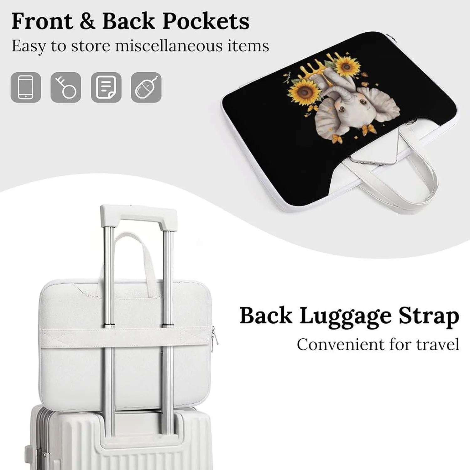 Elephant Sunflowers And Butterfly Leather Bag Laptop Case Slim Water Resistant Computer Bags with Handle Briefcase for Work