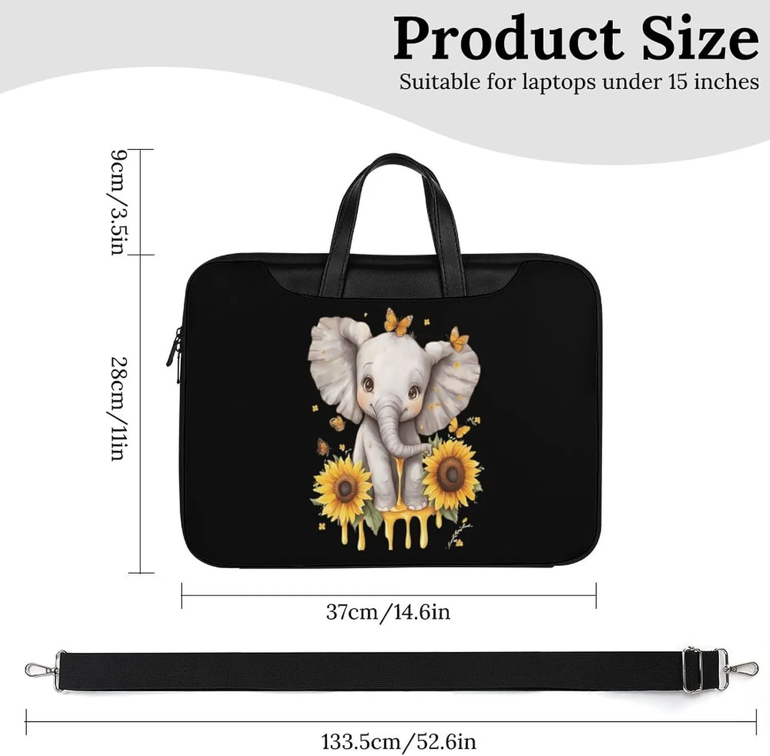 Elephant Sunflowers And Butterfly Leather Bag Laptop Case Slim Water Resistant Computer Bags with Handle Briefcase for Work