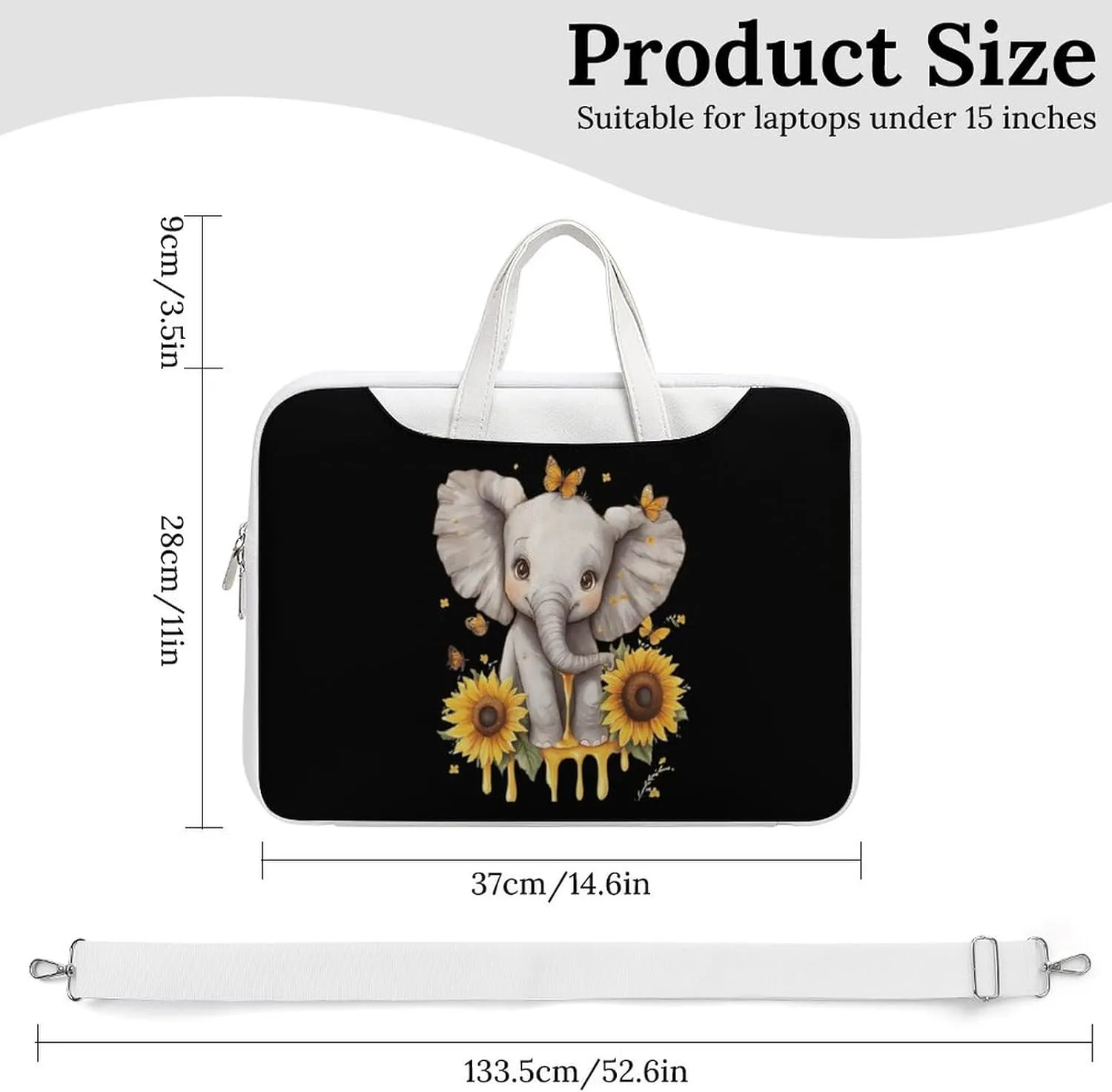 Elephant Sunflowers And Butterfly Leather Bag Laptop Case Slim Water Resistant Computer Bags with Handle Briefcase for Work
