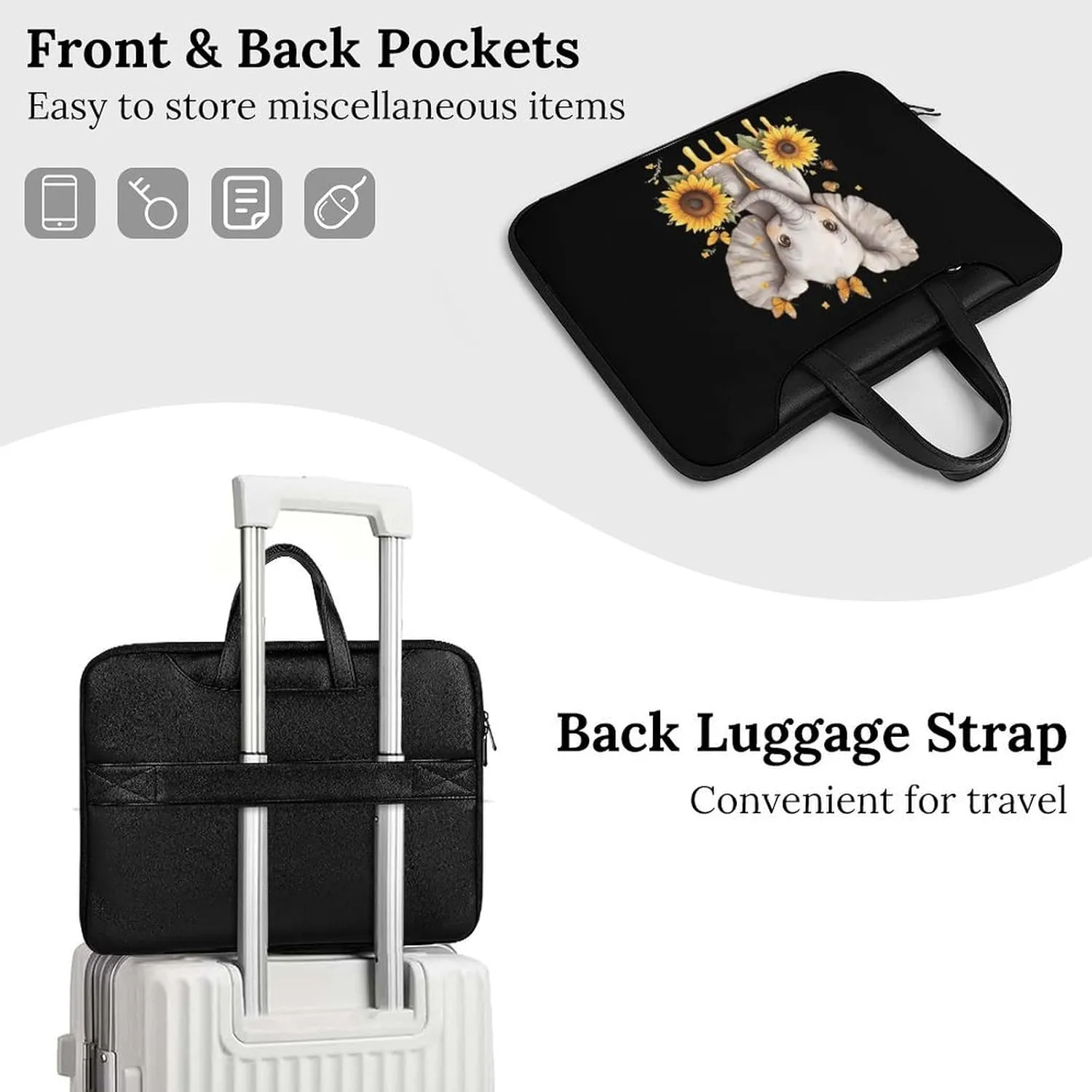 Elephant Sunflowers And Butterfly Leather Bag Laptop Case Slim Water Resistant Computer Bags with Handle Briefcase for Work