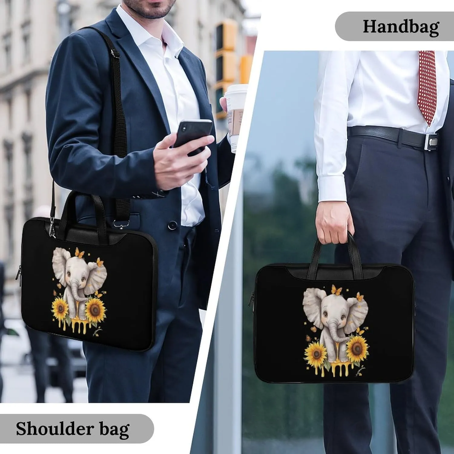 Elephant Sunflowers And Butterfly Leather Bag Laptop Case Slim Water Resistant Computer Bags with Handle Briefcase for Work