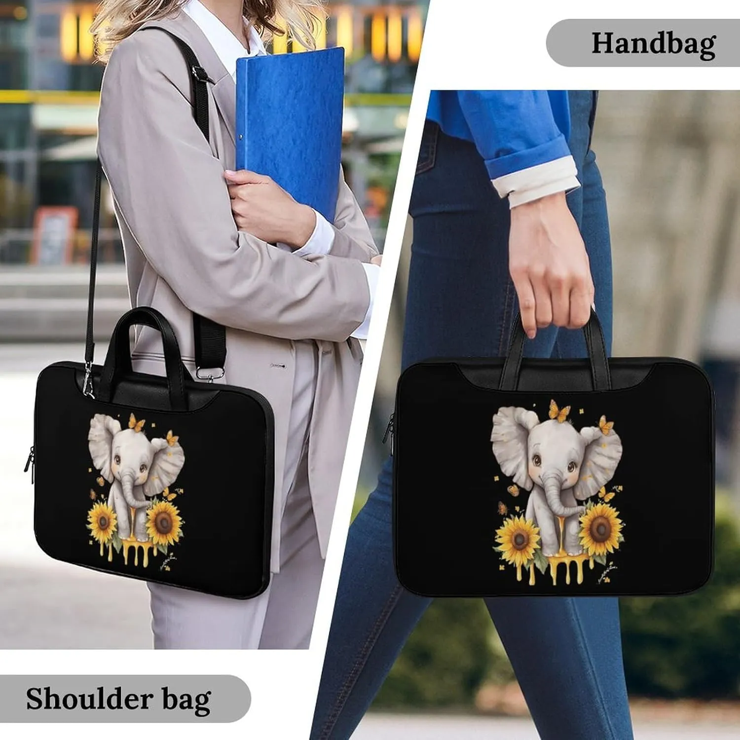 Elephant Sunflowers And Butterfly Leather Bag Laptop Case Slim Water Resistant Computer Bags with Handle Briefcase for Work