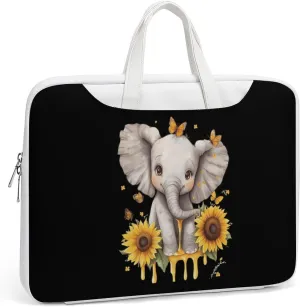 Elephant Sunflowers And Butterfly Leather Bag Laptop Case Slim Water Resistant Computer Bags with Handle Briefcase for Work