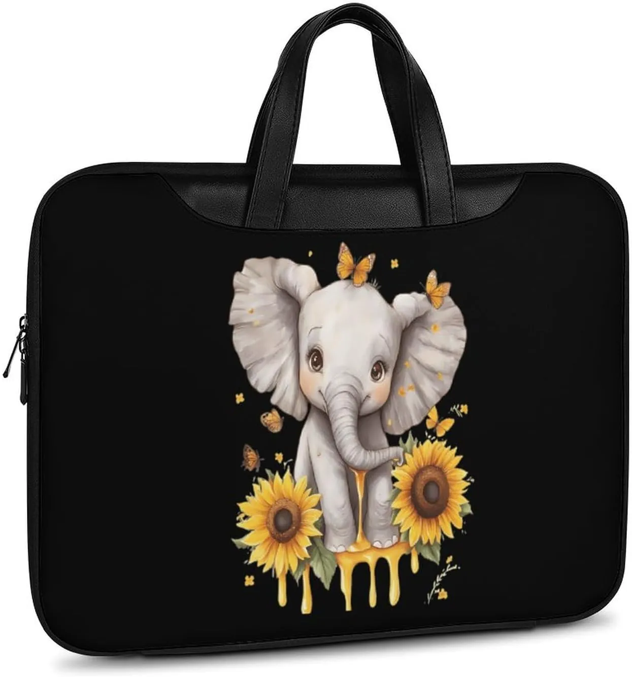 Elephant Sunflowers And Butterfly Leather Bag Laptop Case Slim Water Resistant Computer Bags with Handle Briefcase for Work