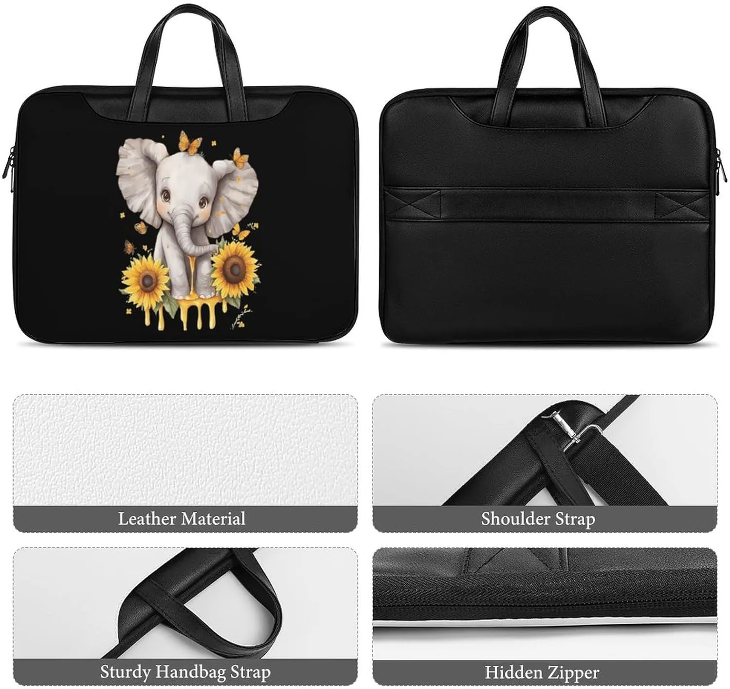 Elephant Sunflowers And Butterfly Leather Bag Laptop Case Slim Water Resistant Computer Bags with Handle Briefcase for Work