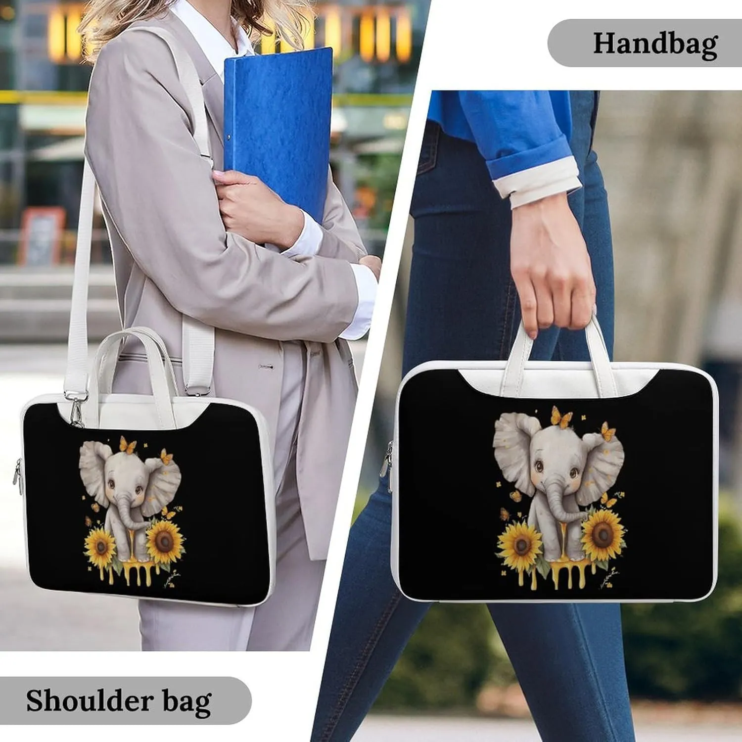 Elephant Sunflowers And Butterfly Leather Bag Laptop Case Slim Water Resistant Computer Bags with Handle Briefcase for Work