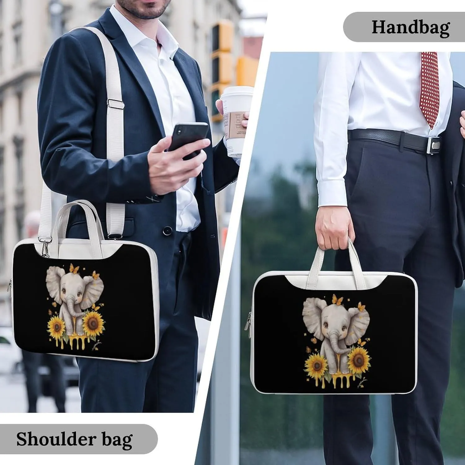 Elephant Sunflowers And Butterfly Leather Bag Laptop Case Slim Water Resistant Computer Bags with Handle Briefcase for Work