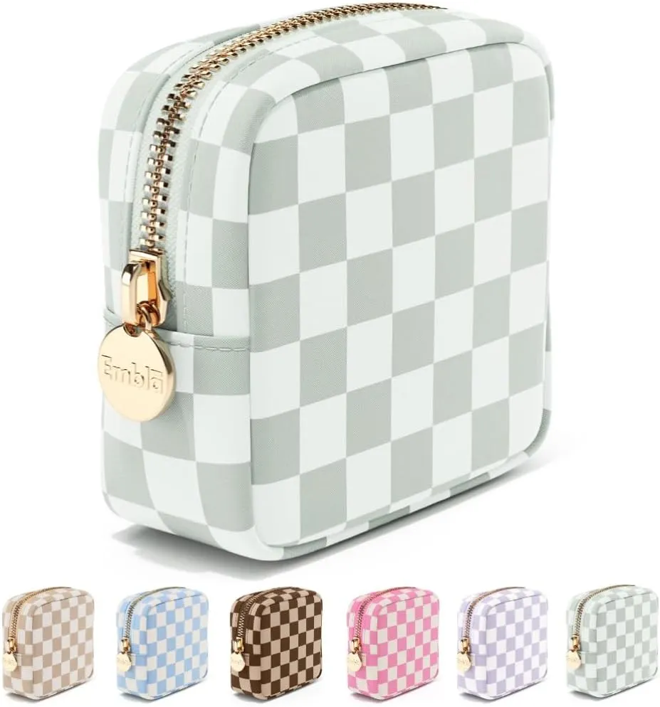 Embla Makeup Bag Travel Cosmetic Bag, Toiletry Bag, Cute Makeup Organizer, Nylon Zipper Pouch Purse Storage Bag Cosmetics Organizer, Womens Make Up Bag Mini Makeup Bags (Mint Green Checkered)
