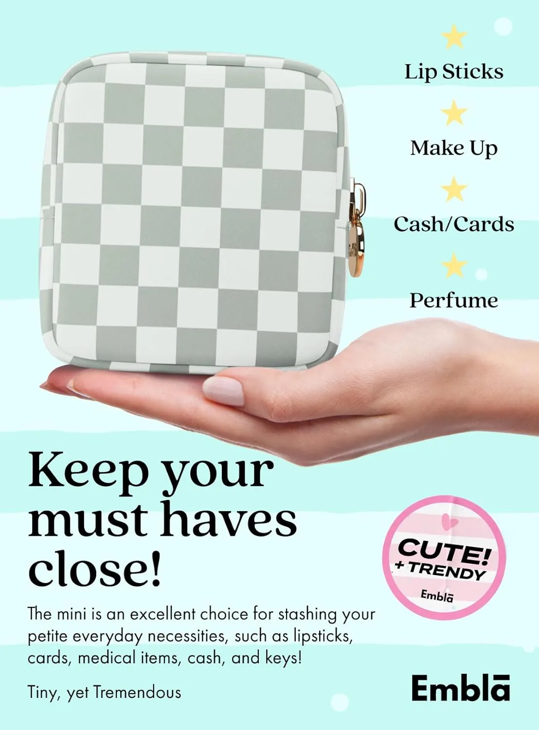 Embla Makeup Bag Travel Cosmetic Bag, Toiletry Bag, Cute Makeup Organizer, Nylon Zipper Pouch Purse Storage Bag Cosmetics Organizer, Womens Make Up Bag Mini Makeup Bags (Mint Green Checkered)