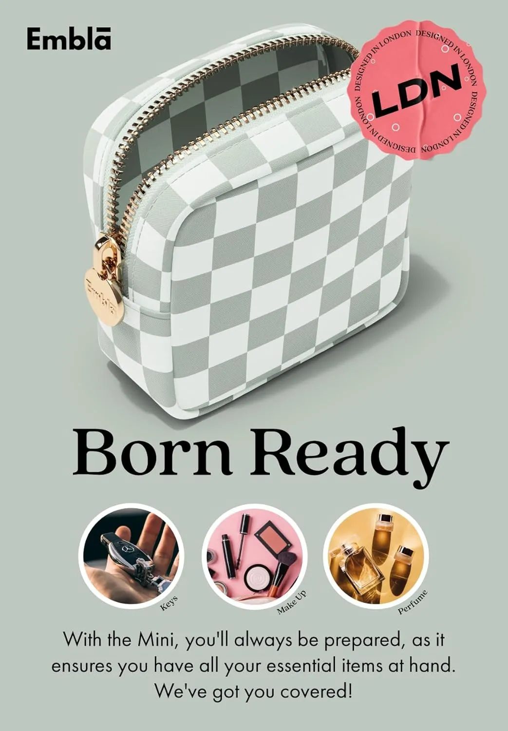 Embla Makeup Bag Travel Cosmetic Bag, Toiletry Bag, Cute Makeup Organizer, Nylon Zipper Pouch Purse Storage Bag Cosmetics Organizer, Womens Make Up Bag Mini Makeup Bags (Mint Green Checkered)
