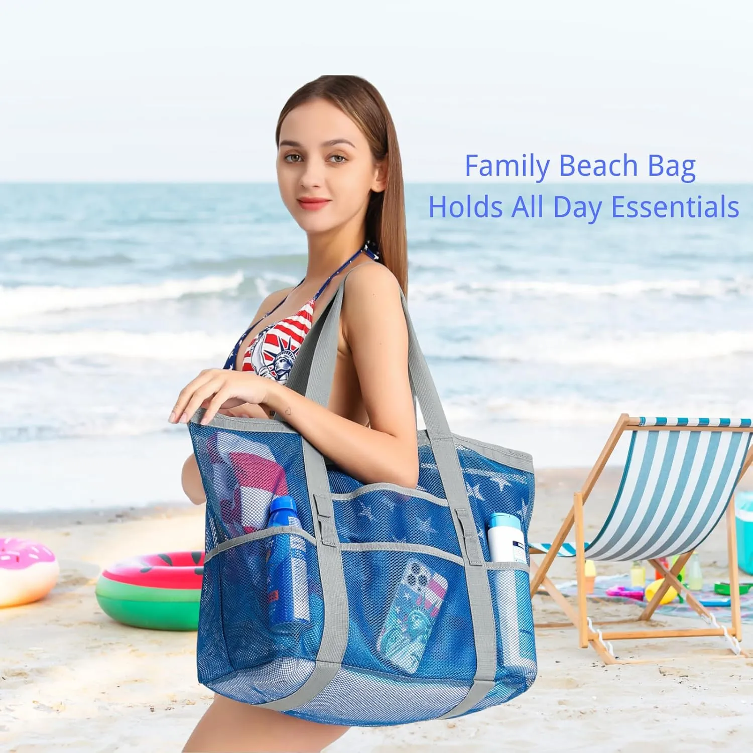 F-color Mesh Beach Bag Family - Beach Tote 9 Pockets Cruise Vacation Essentials