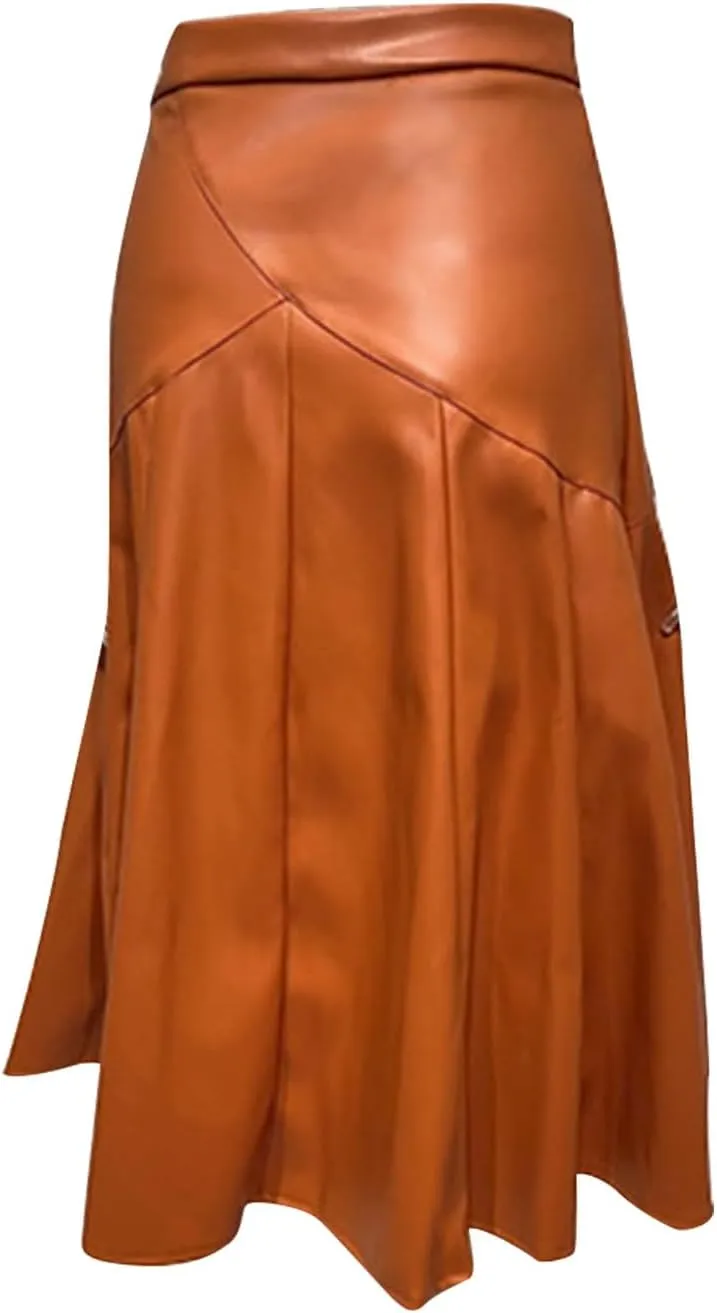 Faux Leather for Women High Elastic Waist Pleated Flared Midi Long Skirt Fall Winter Casual Trendy A-Line Flowy Skirts