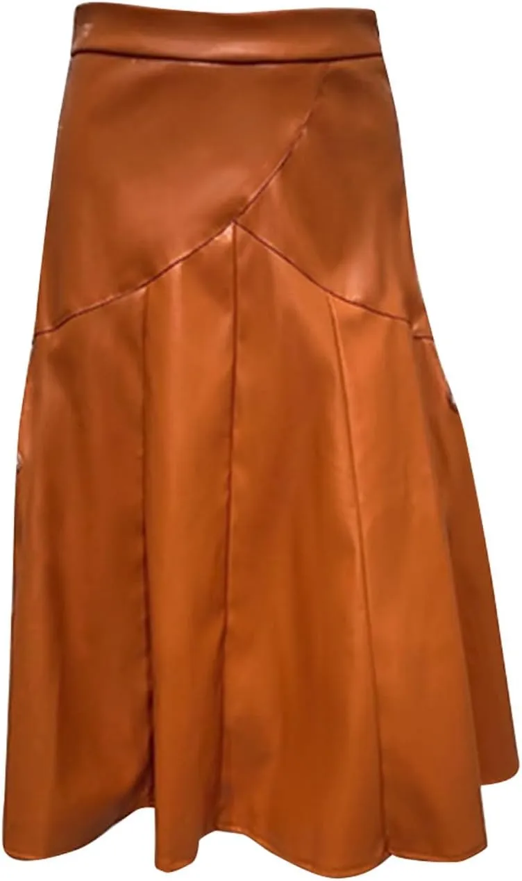 Faux Leather for Women High Elastic Waist Pleated Flared Midi Long Skirt Fall Winter Casual Trendy A-Line Flowy Skirts