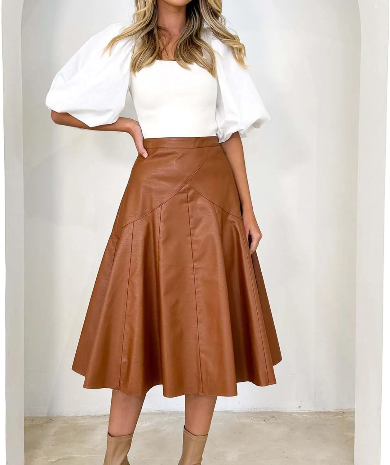 Faux Leather for Women High Elastic Waist Pleated Flared Midi Long Skirt Fall Winter Casual Trendy A-Line Flowy Skirts