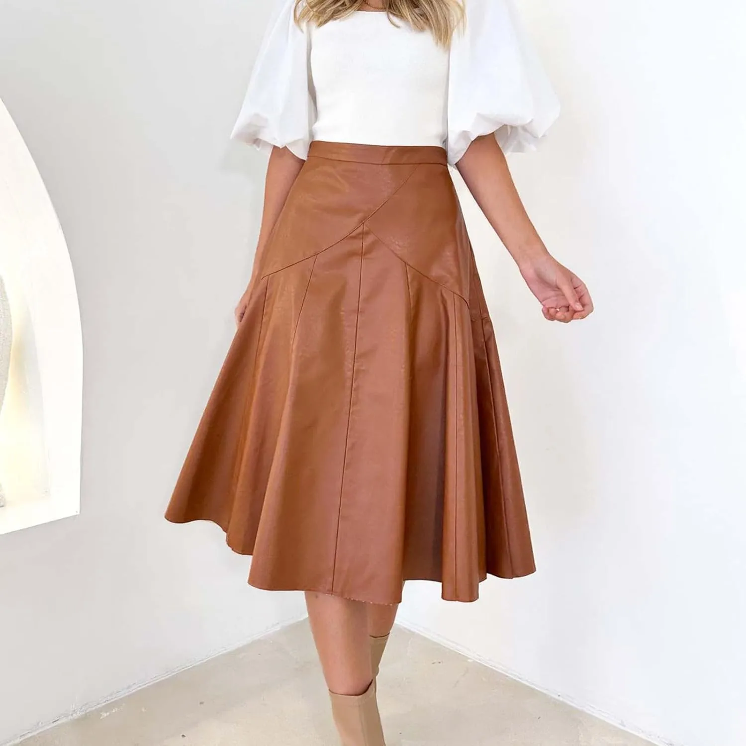 Faux Leather for Women High Elastic Waist Pleated Flared Midi Long Skirt Fall Winter Casual Trendy A-Line Flowy Skirts