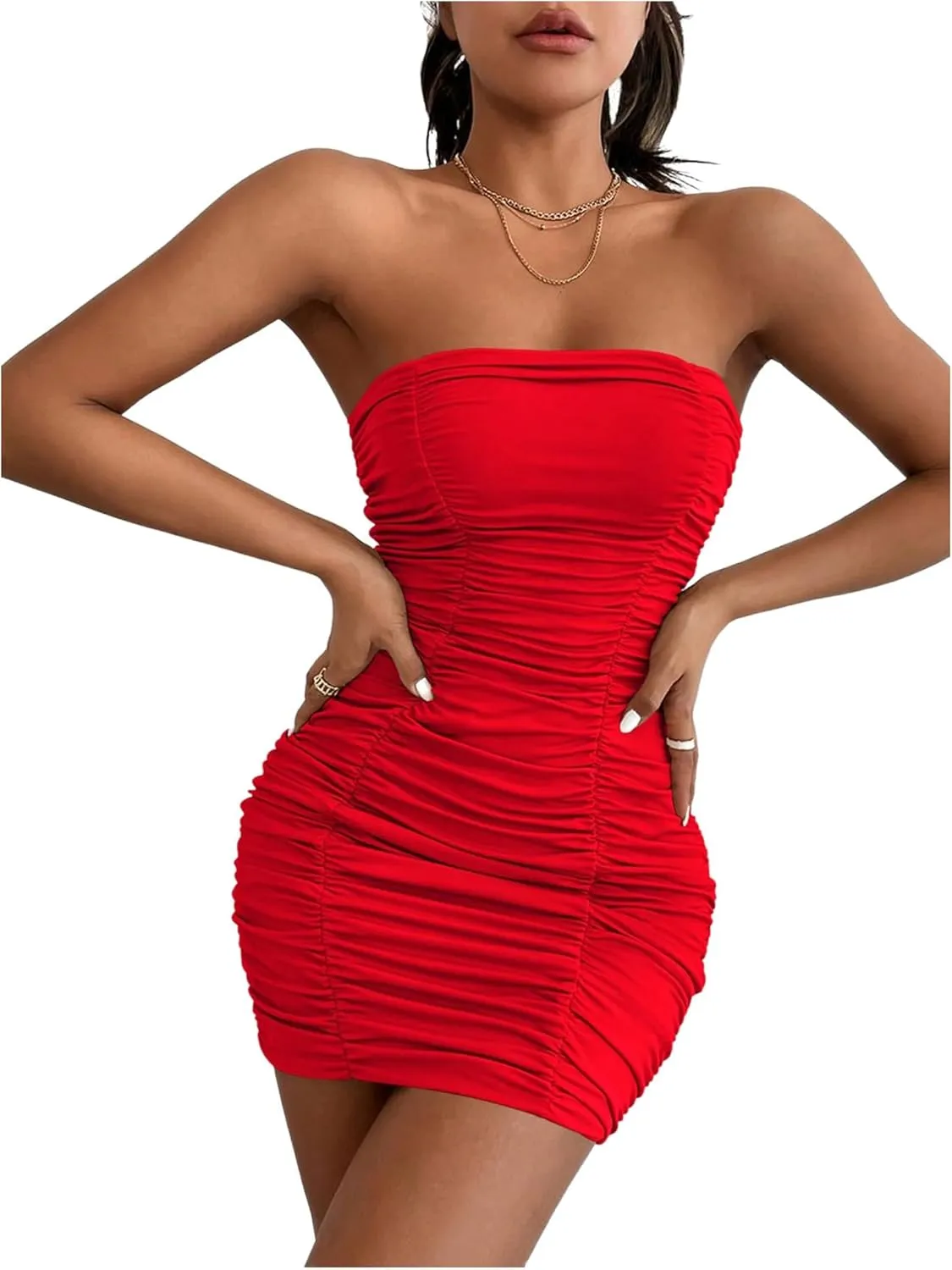 Floerns Women Bodycon Strapless Mini Dress Ruched Sleeveless Sexy Tube Dress