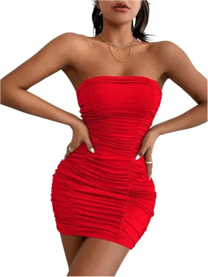 Floerns Women Bodycon Strapless Mini Dress Ruched Sleeveless Sexy Tube Dress