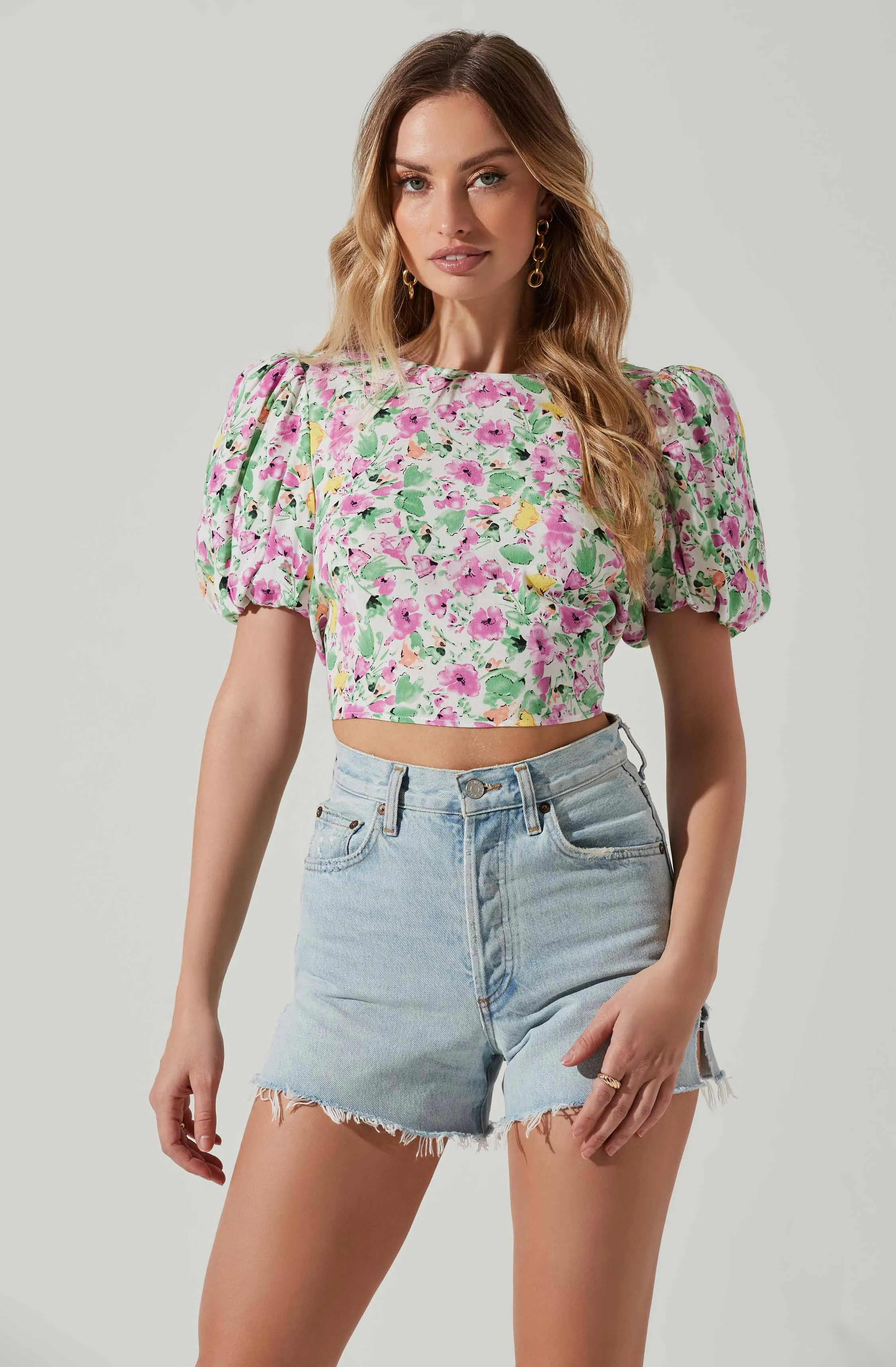 Floral Bubble Sleeve Tie Back Top