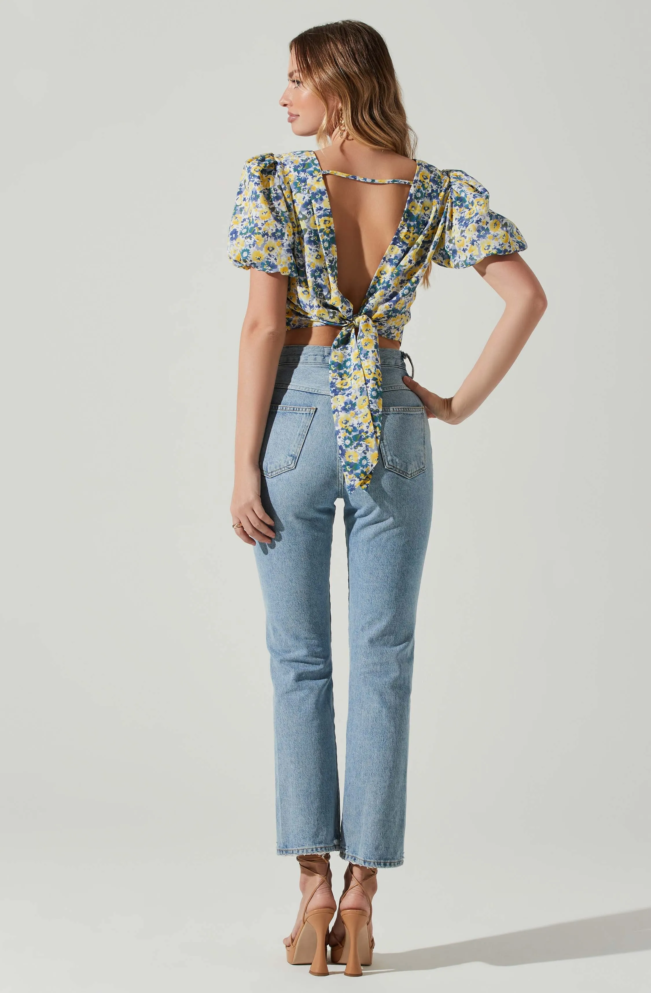 Floral Bubble Sleeve Tie Back Top