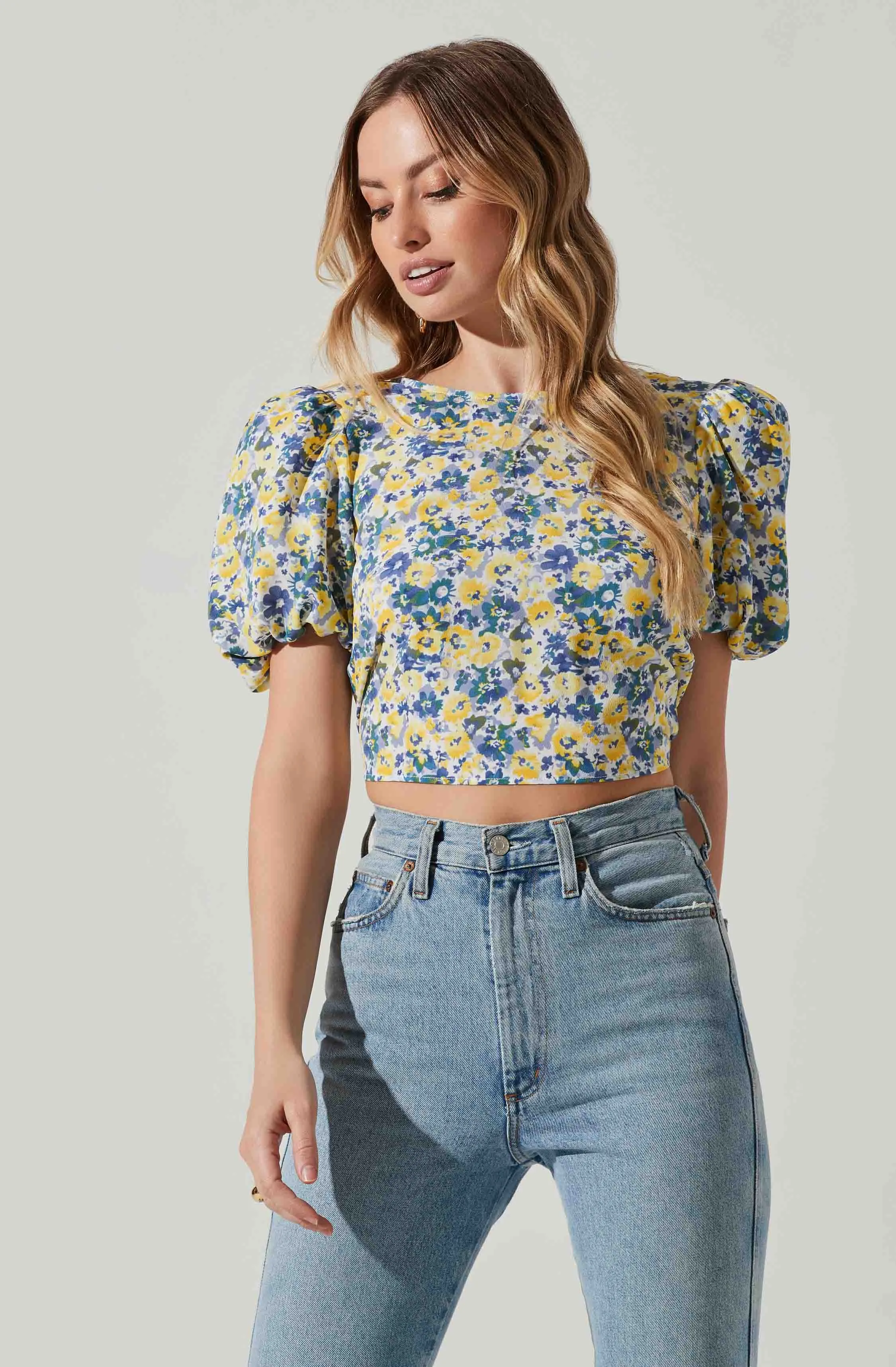 Floral Bubble Sleeve Tie Back Top