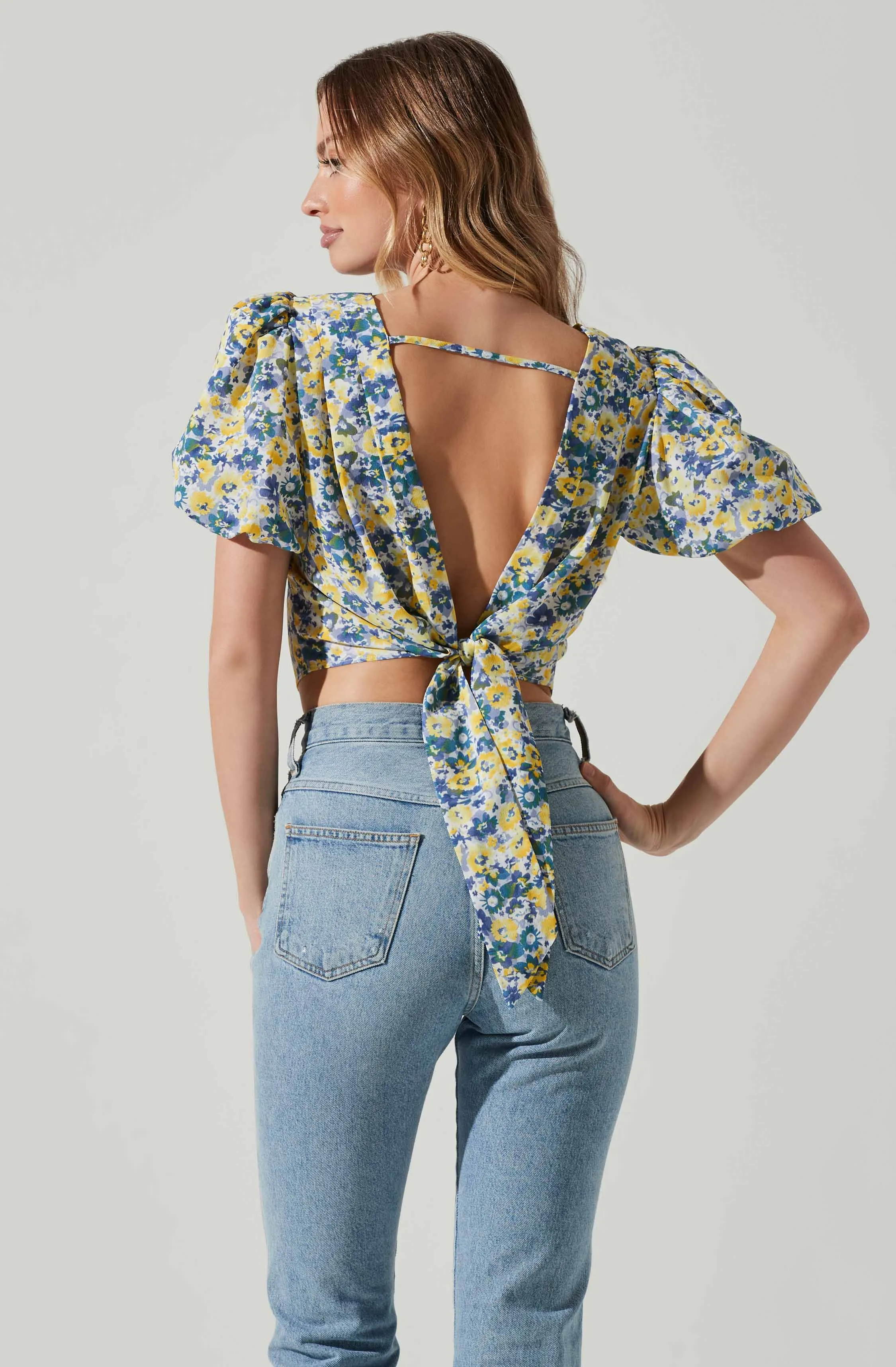 Floral Bubble Sleeve Tie Back Top