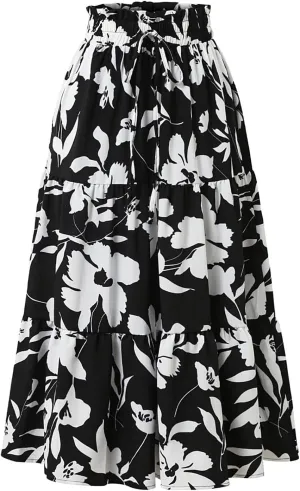 Floral Maxi Skirt for Women Summer High Waisted Comfy Tiered Elastic Skirts Vacation A-Line Flowy Swing Long Skirts