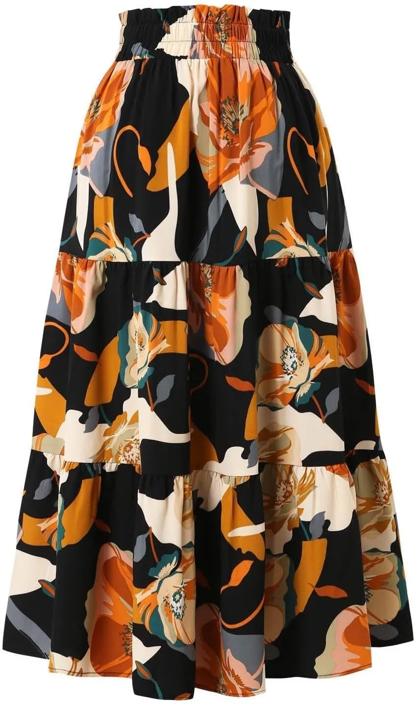 Floral Maxi Skirt for Women Summer High Waisted Comfy Tiered Elastic Skirts Vacation A-Line Flowy Swing Long Skirts