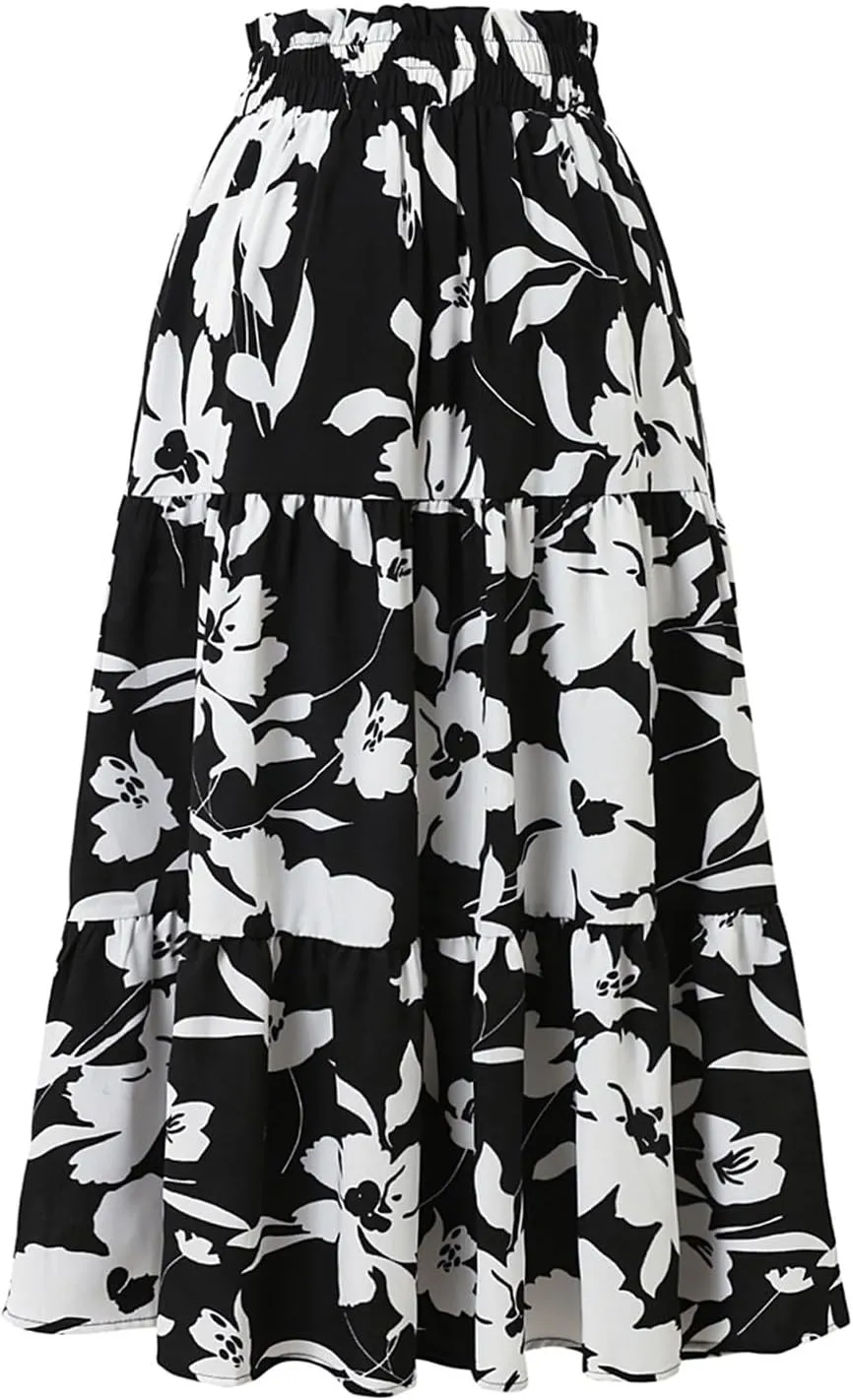Floral Maxi Skirt for Women Summer High Waisted Comfy Tiered Elastic Skirts Vacation A-Line Flowy Swing Long Skirts