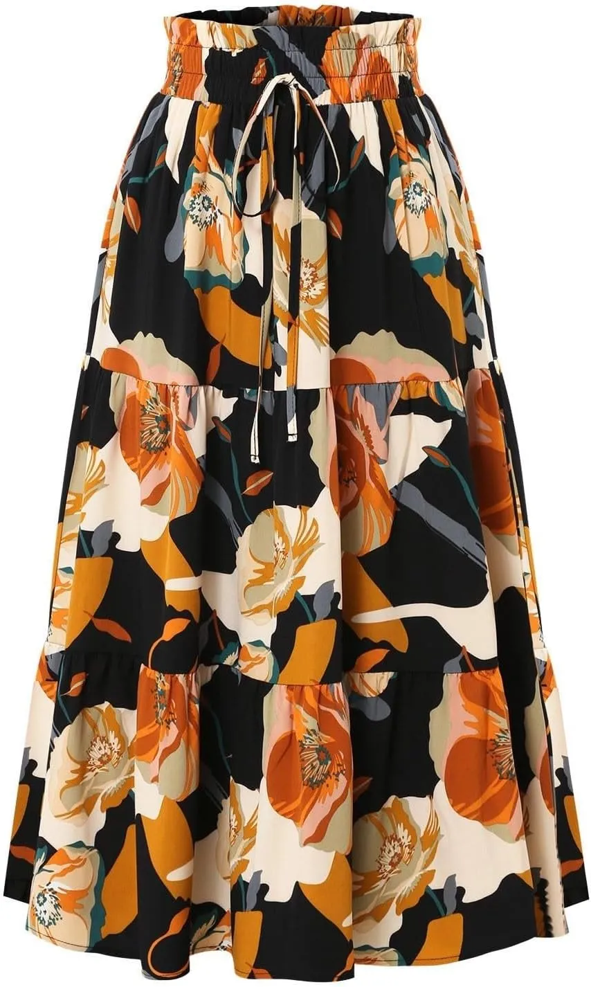Floral Maxi Skirt for Women Summer High Waisted Comfy Tiered Elastic Skirts Vacation A-Line Flowy Swing Long Skirts
