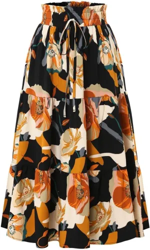 Floral Maxi Skirt for Women Summer High Waisted Comfy Tiered Elastic Skirts Vacation A-Line Flowy Swing Long Skirts