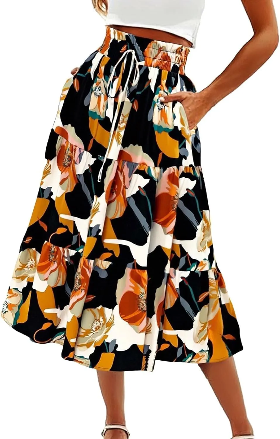 Floral Maxi Skirts for Women 2025 Summer Comfy Tiered Elastic High Waisted Vacation A-Line Flowy Swing Long Skirts
