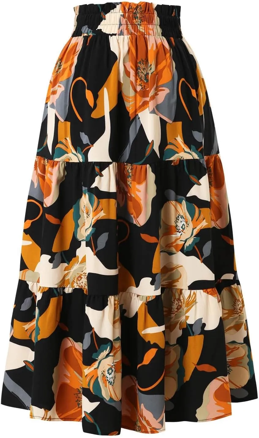 Floral Maxi Skirts for Women 2025 Summer Comfy Tiered Elastic High Waisted Vacation A-Line Flowy Swing Long Skirts