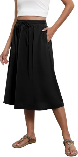 Floral Midi Skirt Women Flowy Elastic High Waisted Ladies Drawstring Dressy Casual Beach Boho Skirt 2025