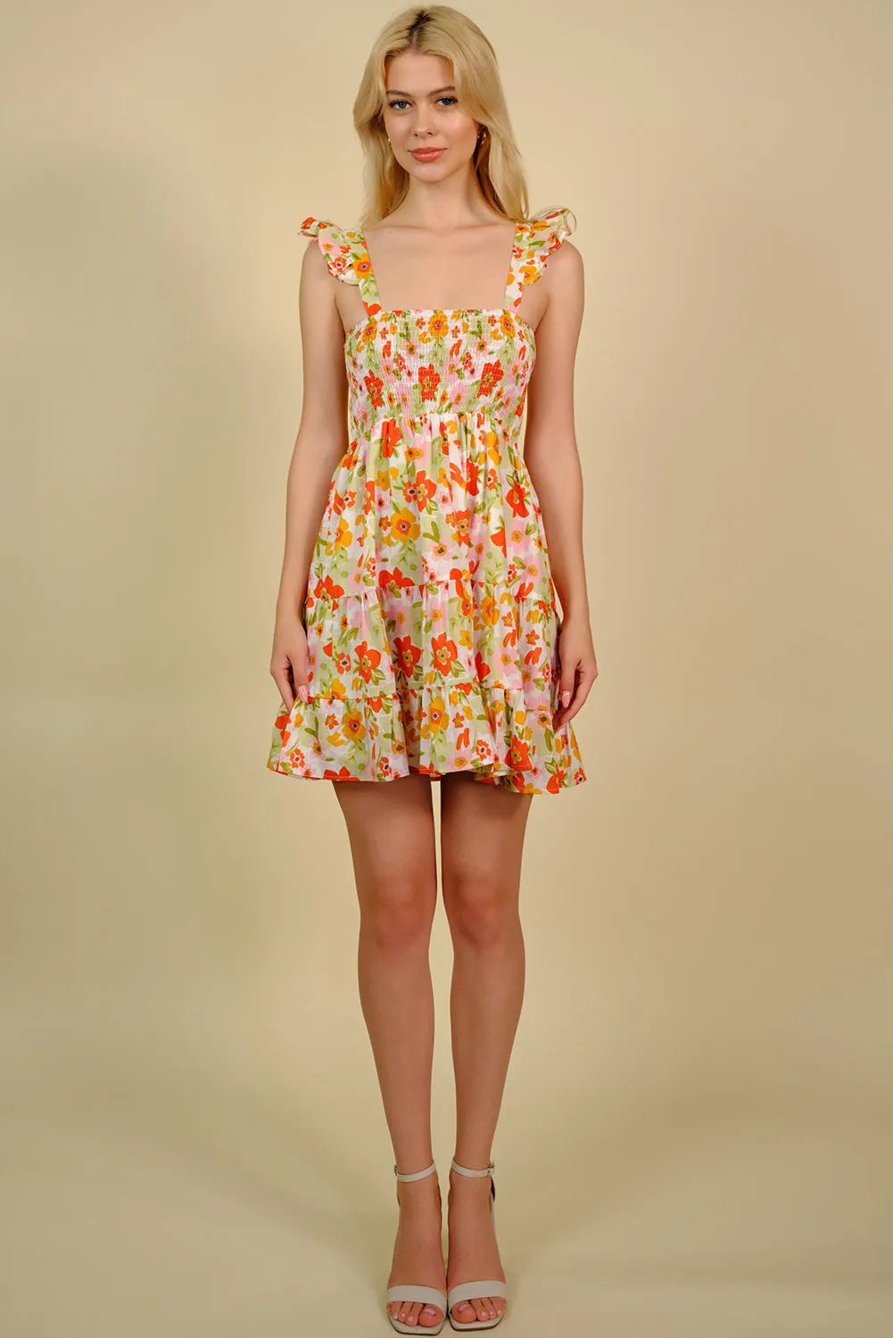 Floral Smocked Square Neck Mini Dress