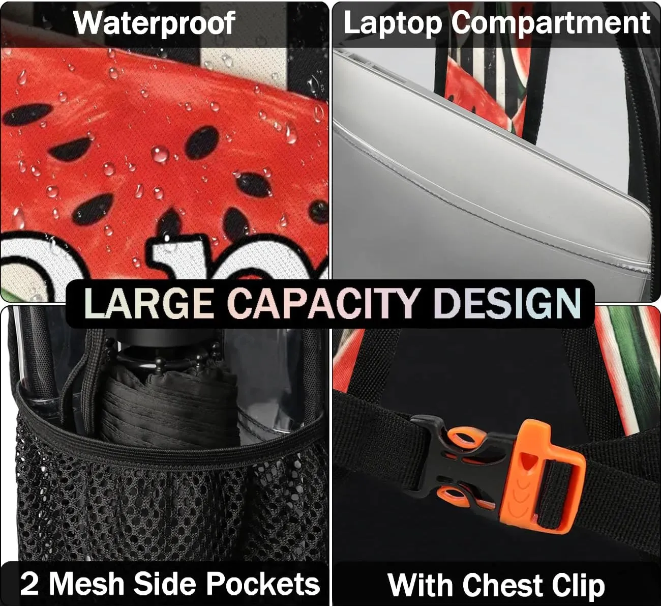 Fruits Watermelon Stripe Personalized Clear Backpack Custom Waterproof PVC Transparent Backpack with Name Heavy Duty Transparent Bag for Work Travel Concerts
