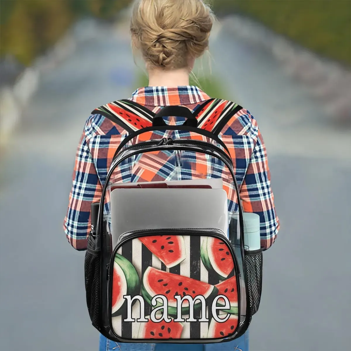 Fruits Watermelon Stripe Personalized Clear Backpack Custom Waterproof PVC Transparent Backpack with Name Heavy Duty Transparent Bag for Work Travel Concerts