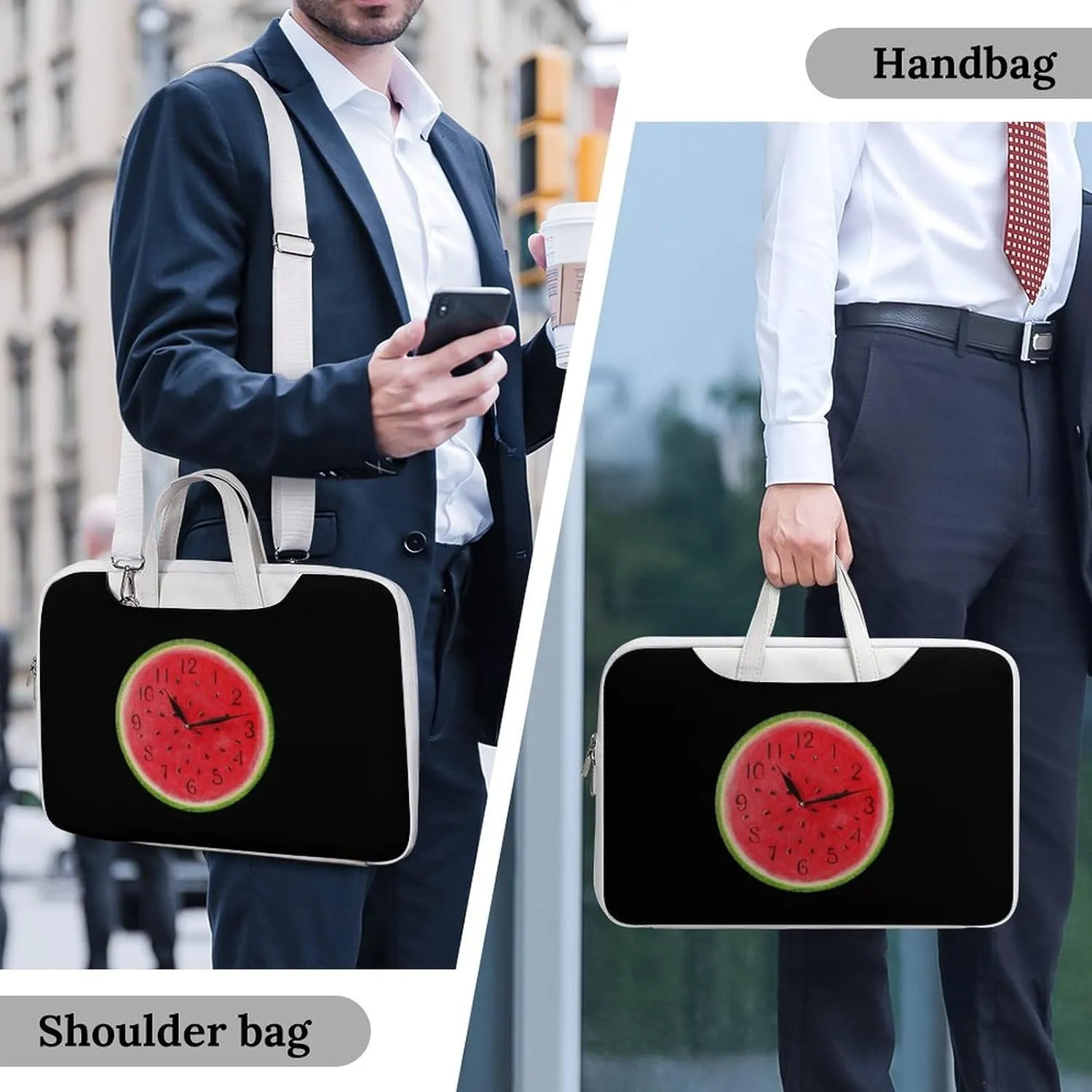 Funny Waterlemon Clock Leather Bag Laptop Case Slim Water Resistant Computer Bags with Handle Briefcase for Work