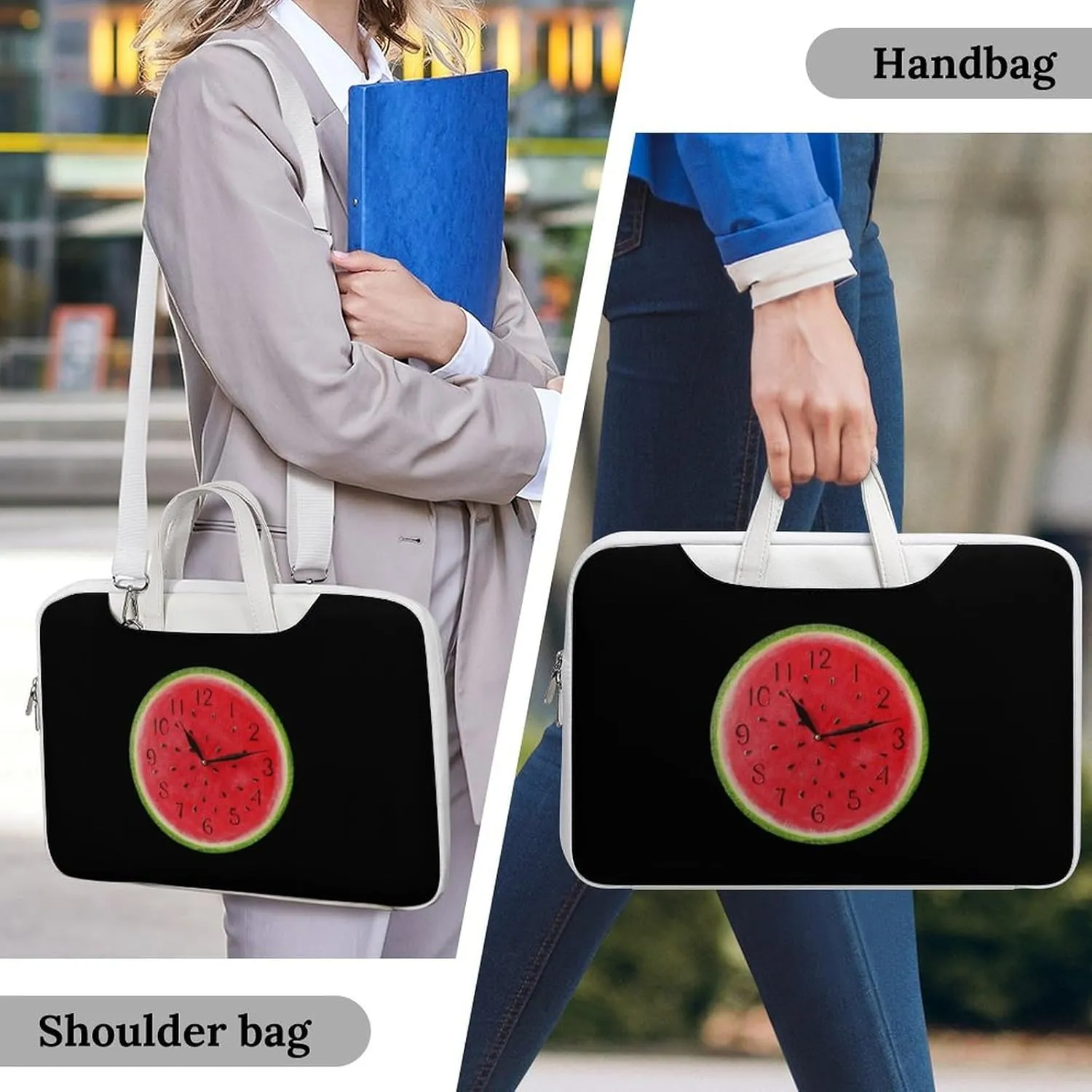 Funny Waterlemon Clock Leather Bag Laptop Case Slim Water Resistant Computer Bags with Handle Briefcase for Work