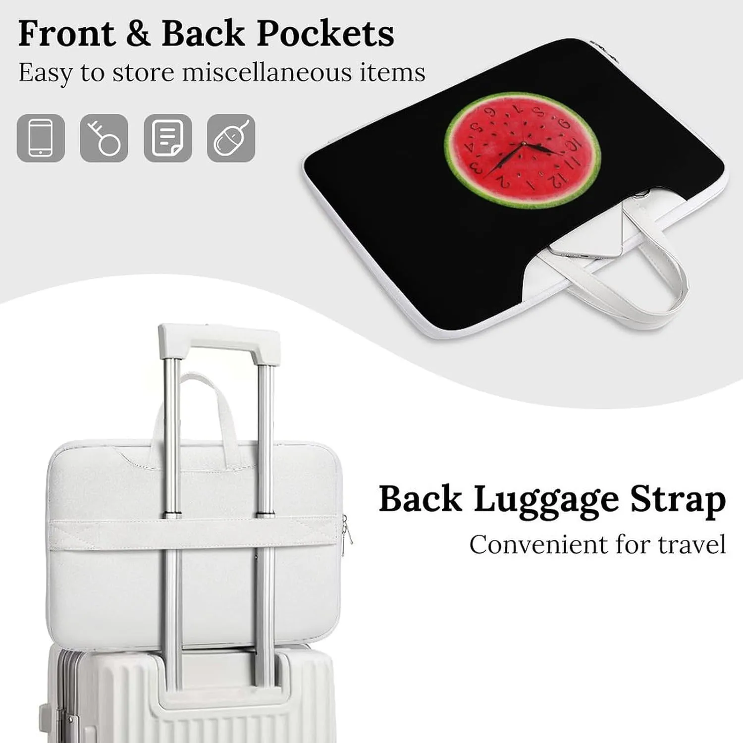 Funny Waterlemon Clock Leather Bag Laptop Case Slim Water Resistant Computer Bags with Handle Briefcase for Work