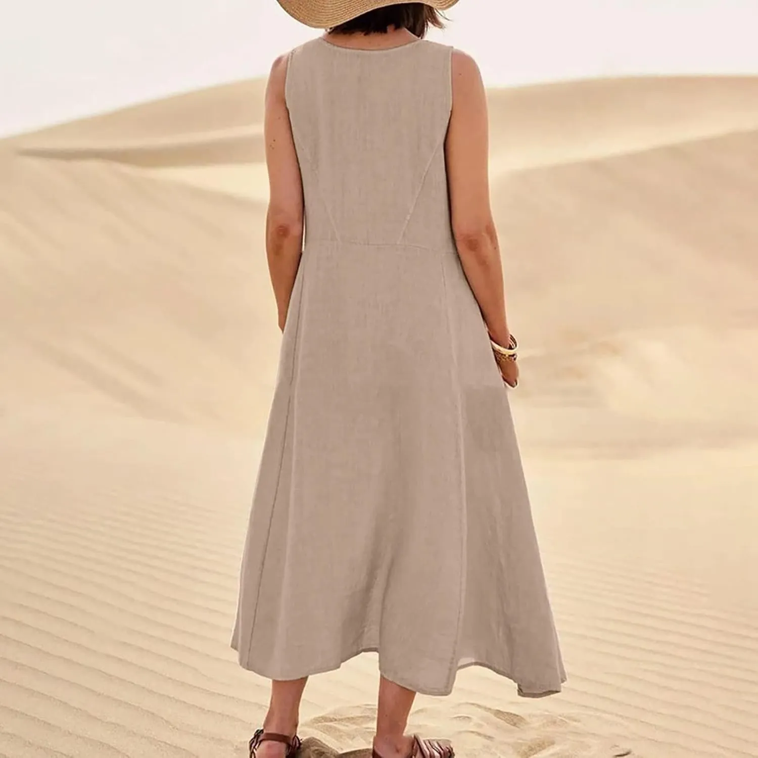 Geleglaer Linen Dresses for Womens Sleeveless Linen Dress Casual Cotton Tank Maxi Dress 2024 Summer Dress