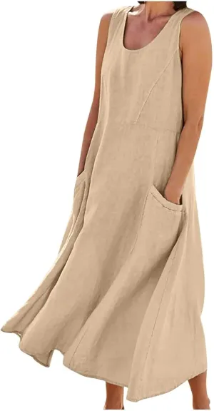 Geleglaer Linen Dresses for Womens Sleeveless Linen Dress Casual Cotton Tank Maxi Dress 2024 Summer Dress