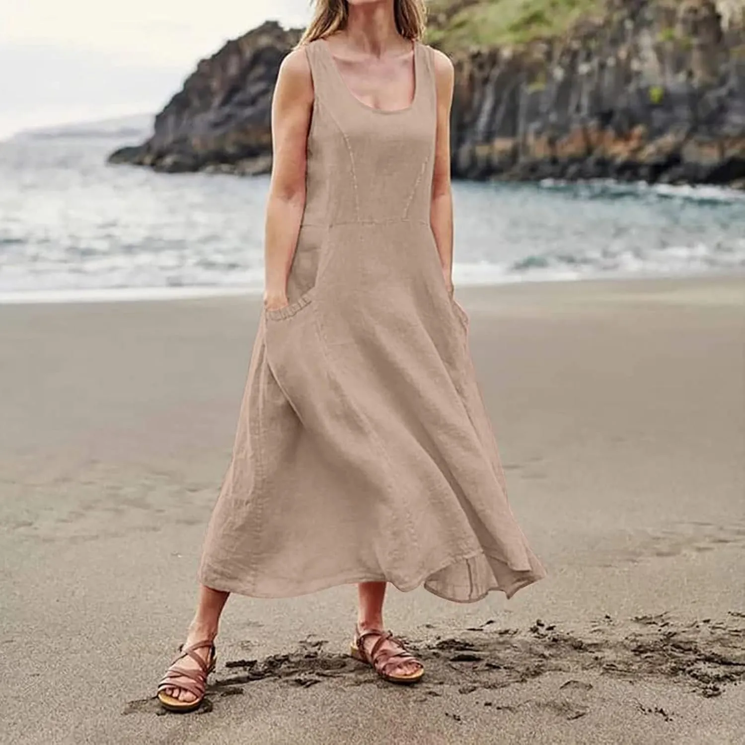 Geleglaer Linen Dresses for Womens Sleeveless Linen Dress Casual Cotton Tank Maxi Dress 2024 Summer Dress