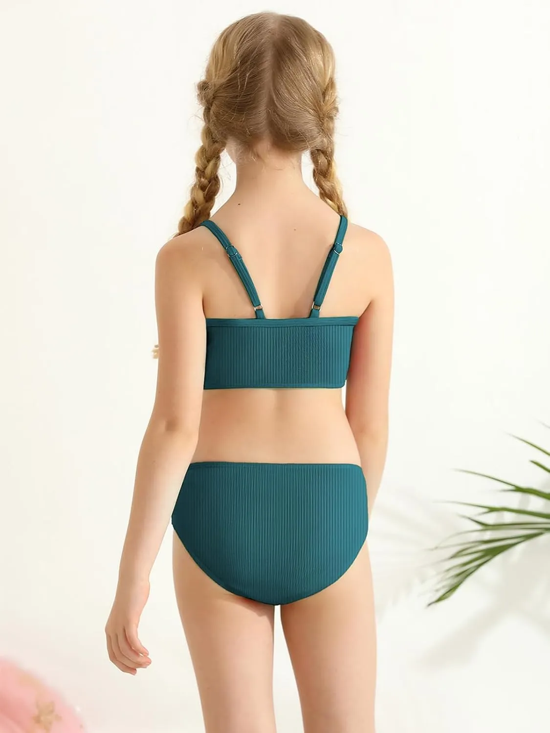 Girl's 2 Piece Swimsuit Solid Spaghetti Strap Bikini Sets Beach Bathing Suit Swimwear for Teen Kids