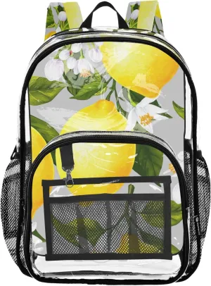 Girls Backpack for Kids Yellow Lemons White Flowers Clear Bag for Women Travel Large Plastic Approved Bag