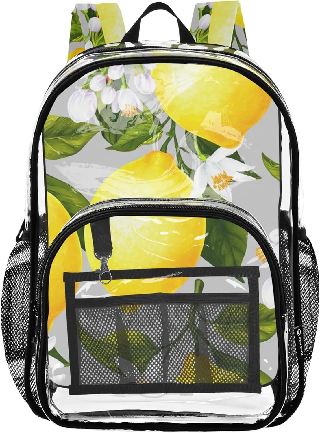 Girls Backpack for Kids Yellow Lemons White Flowers Clear Bag for Women Travel Large Plastic Approved Bag