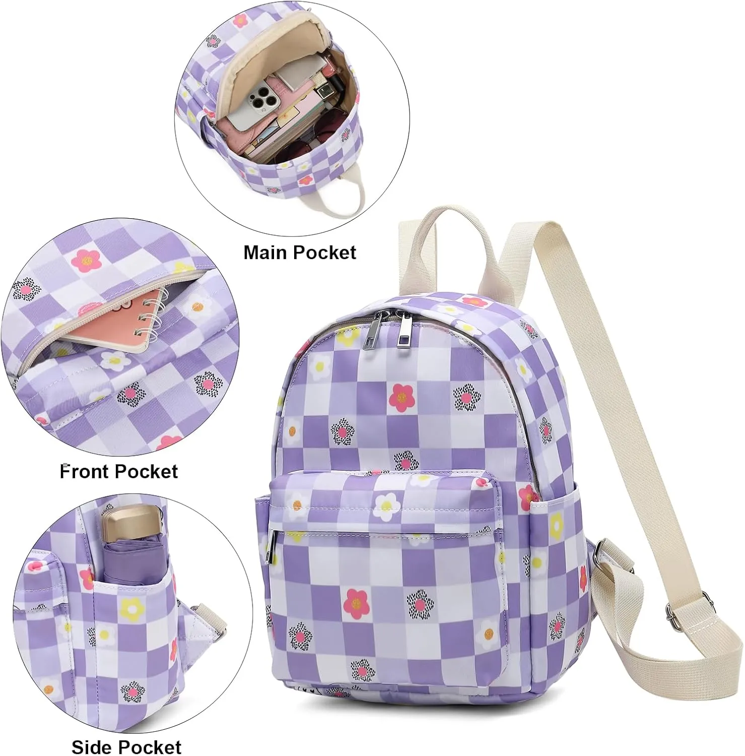 Girls Mini Backpack, Small Backpacks Purse for Women Teens Kids School Travel (Checkered Purple)