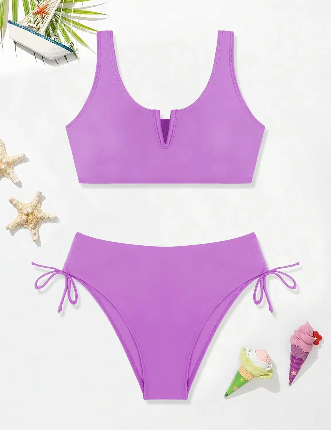 Girls Swimsuit 2 Piece V-Neck Cutout Girls' Swimwear Top High Waisted Bottom Bathing Suits for Teens 7-16 Years